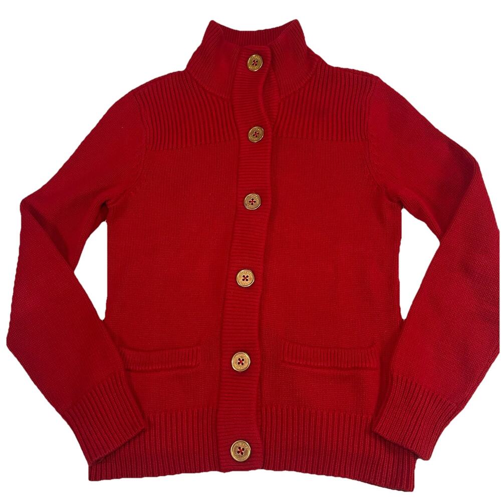 CHAPS Cardigan Sweater Women’s Size S Red Gold Buttons Front Chunky Knit Preppy